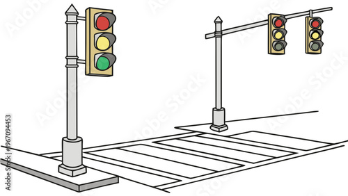 Traffic Signal with Street Light Pole Vector Illustration
