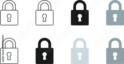 Lock icon set. Padlock vector illustration. Security symbol. Safety pictogram. Protection sign. Password symbol. Privacy icon. Access element.