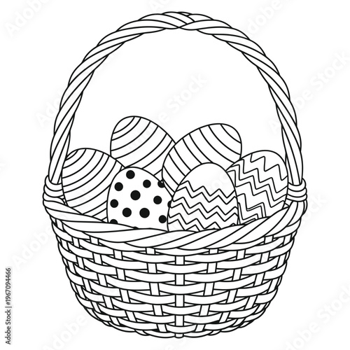 Charming easter basket filled with decorated eggs a black and white illustration for spring celebrations