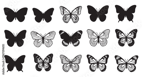 Elegant black and white butterfly collection a delicate pattern of winged insect silhouettes
