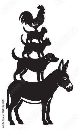 Whimsical animal stack silhouette a donkey dogs and a rooster in a playful arrangement