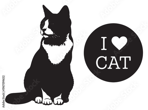 Charming black and white cat illustration with a heart shaped 'i love cat' badge