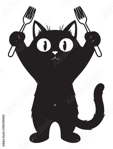 Playful black cat with forks a whimsical illustration of feline fun and dining