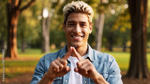 Young Man Smiling and Making a Heart Sign With Hands in a Park