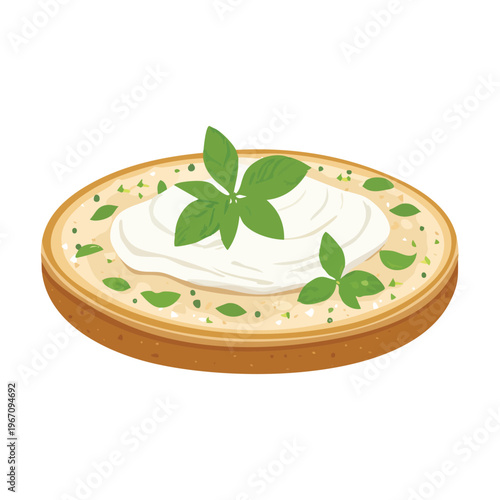 Delicious bruschetta with cream and fresh basil on white background