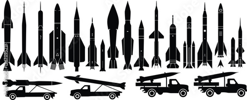 Missile and launch vehicle silhouettes, aerospace weapon illustration, defense technology artwork, military projectile design, engineering flight concept, war equipment graphic
