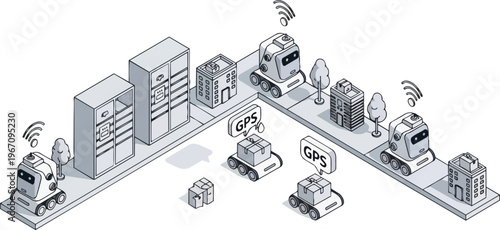 Isometric Automated Robot Delivery System Illustration for Smart City Logistics and E-commerce Shipping