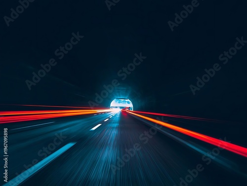 Driving through a tunnel with light streaks at night with the tunnel entrance is brightly