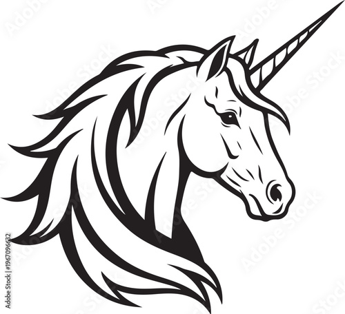Black and white illustration of a unicorn head with a long mane