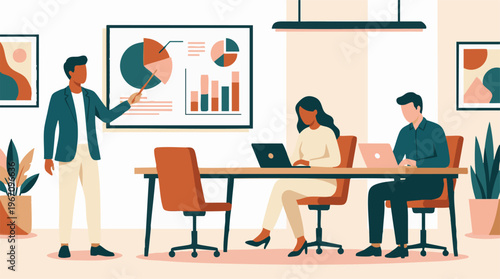 Professional business meeting with presenter and colleagues analyzing data