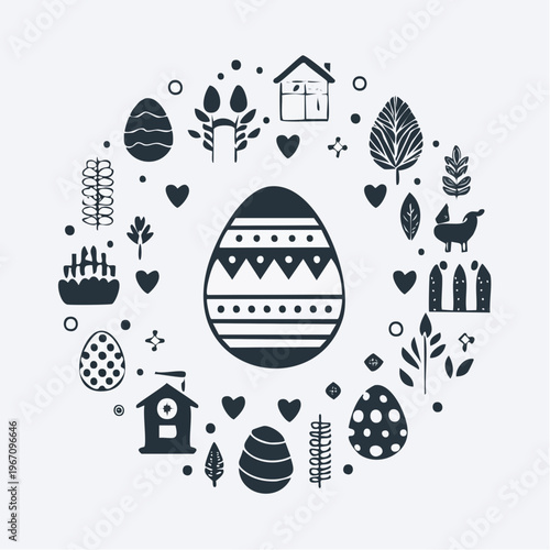 Easter egg surrounded by festive icons and nature elements in a circle vector design fun easter decoration, great for