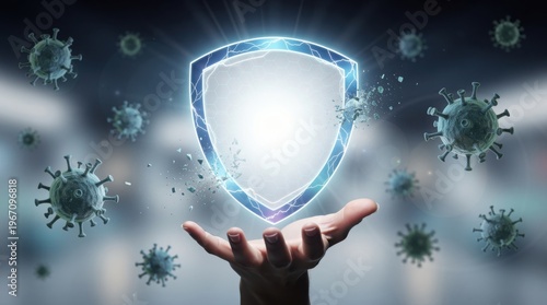 A hand holds a glowing shield symbolizing protection as virus particles float around, representing defense against infection or disease.