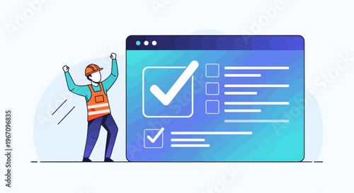 Man celebrating in front of large browser window with checklist.
