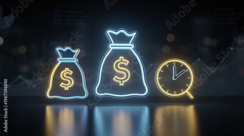 Neon-style glowing icons of two money bags and a clock symbolizing financial growth, investment, and time management on a dark background with blurred data elements.
