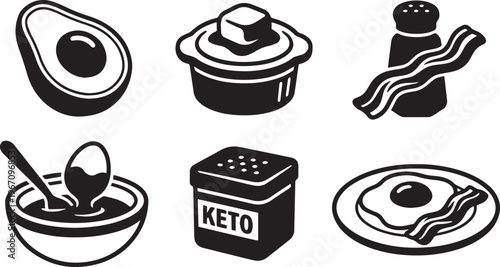 Keto Diet Food Icons Black and White Line Art