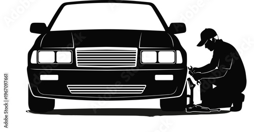 Car repair silhouette, mechanic working, vehicle maintenance service, automotive workshop scene, tire change, roadside assistance, black vector illustration, repair concept