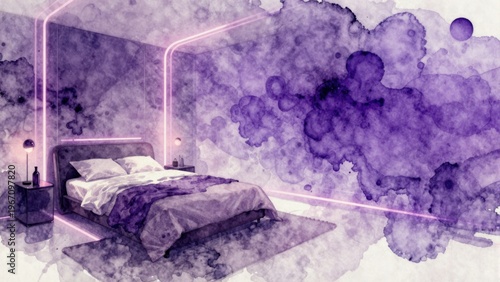 Purple Themed Modern Bedroom Interior Design with Artistic Lighting and Soft Textures