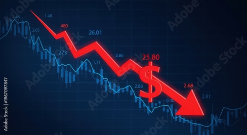 A declining financial graph with a red downward arrow and dollar sign symbolizing a drop in value or economic downturn.