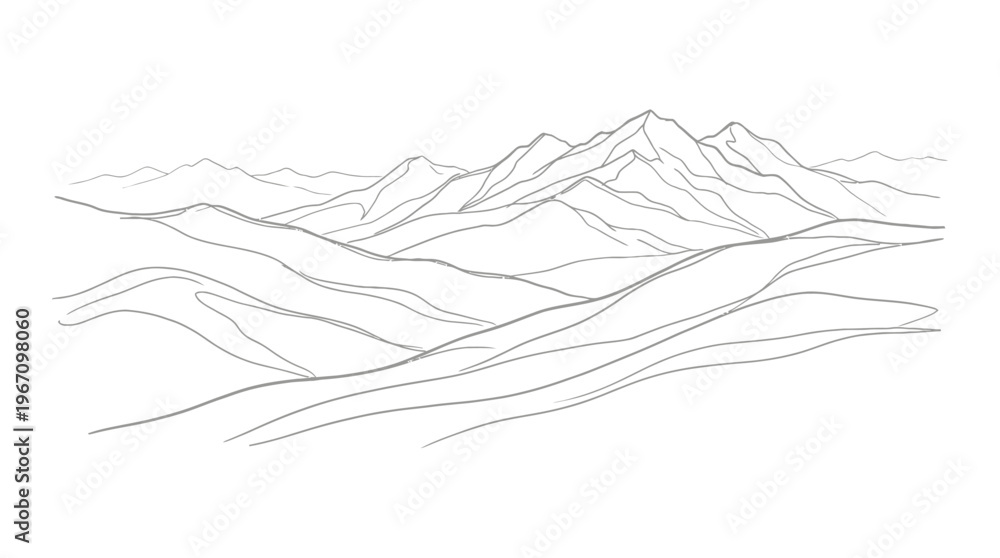Fototapeta premium Line art drawing of a vast mountain range with rolling hills in the foreground, showcasing a serene natural landscape.
