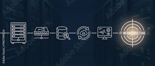 IT infrastructure, data center, cloud computing, network security, server management, storage database, system monitoring icons representing modern enterprise technology solutions.