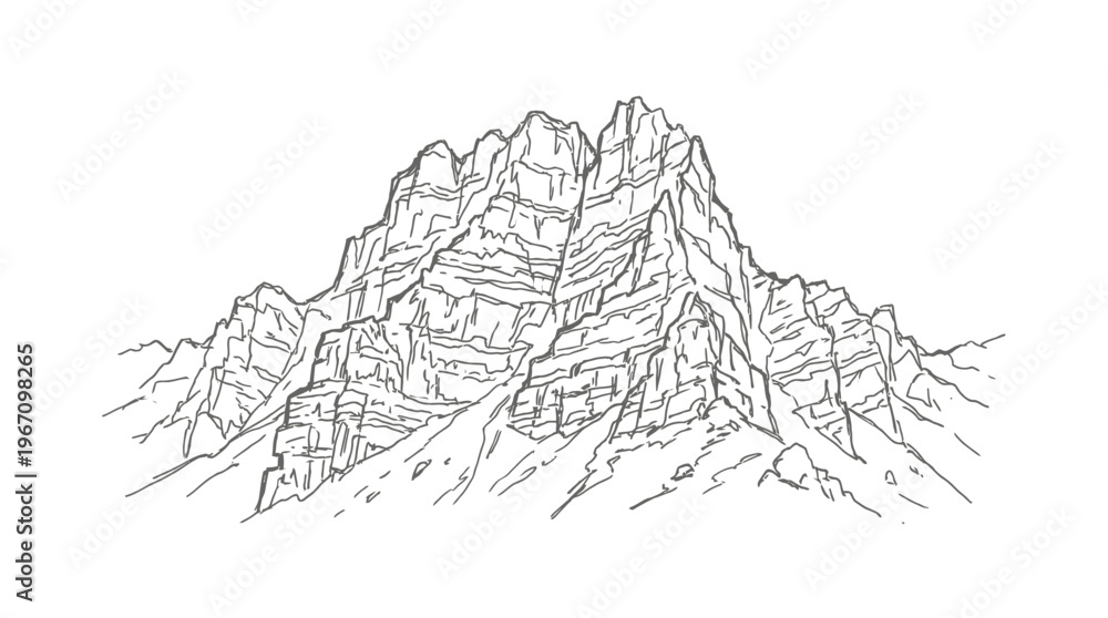 Fototapeta premium Detailed line art illustration of a rugged mountain range with sharp peaks and valleys, showcasing geological formations.