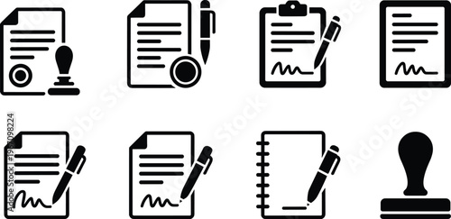 Legal document and contract icon set featuring stamps pens signatures and official papers isolated on white background vector illustration