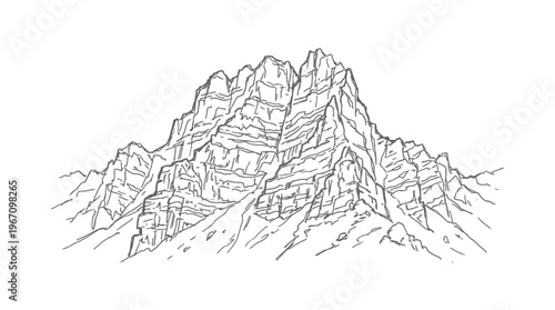 Detailed line art illustration of a rugged mountain range with sharp peaks and valleys, showcasing geological formations.