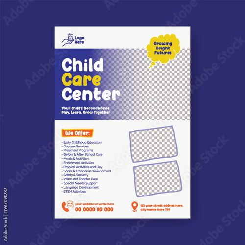 Childcare Daycare A4 Flyer Editable Template for Preschool Kids Care Babysitting Nanny Services Summer Camp Poster Design Modern Minimal Colorful Vector Marketing Promotion Printable Layout