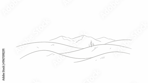 Minimalist line art sketch of rolling hills with distant mountains and sparse trees under a clear sky, rendered in a simple, clean style.
