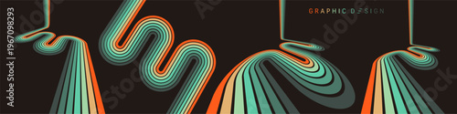 A retro 1970s-style background. Colorful lines. Abstract, dynamic curved ribbons. A serpentine curve of a race track. Designed for posters or banners for sports competitions. Vector illustration.