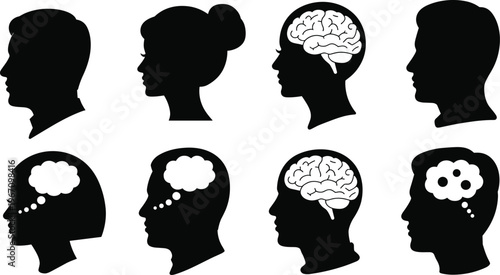 Human head silhouette icon set with brain and thought bubbles for mental health psychology and creative thinking concept vector
