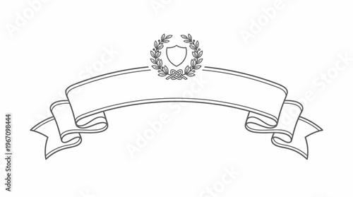 Elegant black and white outline drawing of a curved banner with a shield and laurel wreath emblem, suitable for awards or decorative labels.