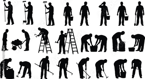 Construction, workers, silhouettes, vector, illustration, labor, people, builder, tools, industrial, handyman, repair, maintenance, occupation, work, activity, equipment, industry, workforce, service