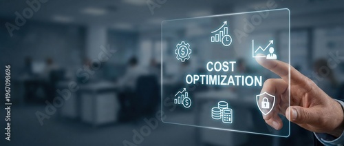 cost optimization, business strategy, financial management, efficiency, digital interface, investment, growth - businessman touching virtual screen with icons in a blurred office.