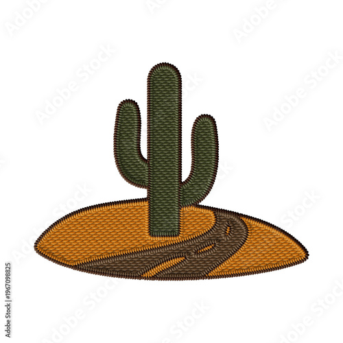 Green embroidered saguaro cactus clipart on orange-brown desert soil with winding path. Perfect for Western, desert, Americana, travel projects, merch and branding designs.