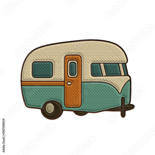 Vintage embroidered retro caravan patch clipart. Teal and cream teardrop camper trailer with an orange door. Perfect digital asset for travel, Americana projects, merch and branding.