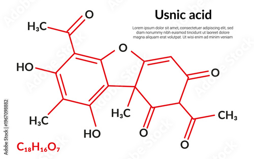 Usnic acid molecular structure formula, suitable for education or chemistry science content. Vector illustration
