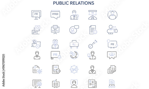 Public relations concept icons set with communication media strategy and business marketing elements