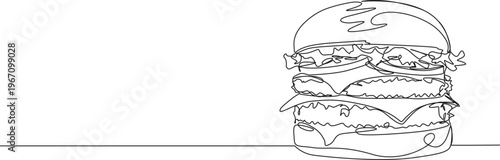 continuous line drawing of big delicious hamburger, line art vector illustration