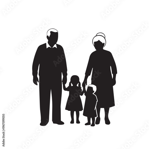 Silhouette of grandparents holding hands with their grandchildren on a white background