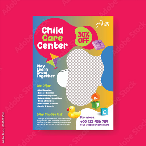 Trusted Childcare Services A4 Flyer Editable Template for Daycare Preschool Kids Care Babysitting Nanny Services Summer Camp Poster Design Modern Clean Minimal Colorful Vector Marketing Print design