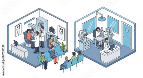 Medical clinic waiting room and examination room isometric view.