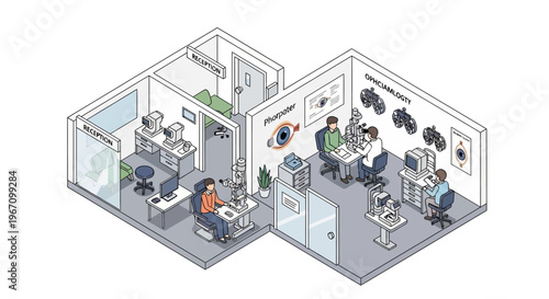 Optometry Clinic Examination Rooms with Patients and Doctors.