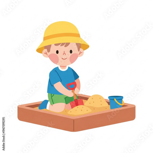 Young boy playing in sandbox with shovel and bucket in summer  
