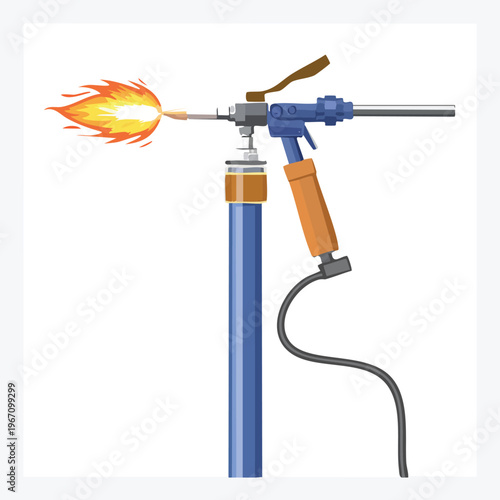 Torch igniting flame with blue and orange metal tool on white backdrop