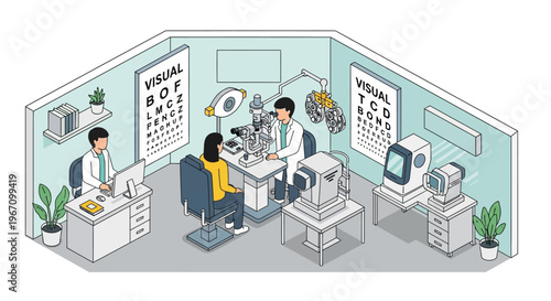 Optometrist examining patients eyes in a modern clinic.