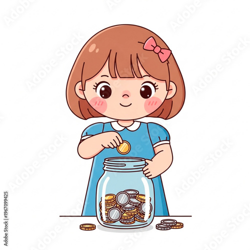 Young girl counting coins and placing them in a jar at home  