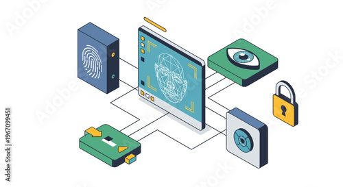 Digital security system with biometric scanner and padlock icon.