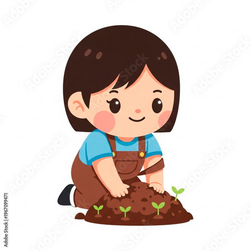 Cute girl planting seeds in soil and smiling happily indoors  