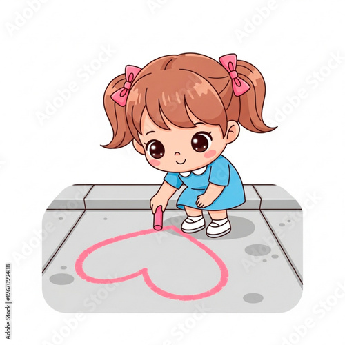 Young girl drawing a pink heart on concrete sidewalk with chalk  